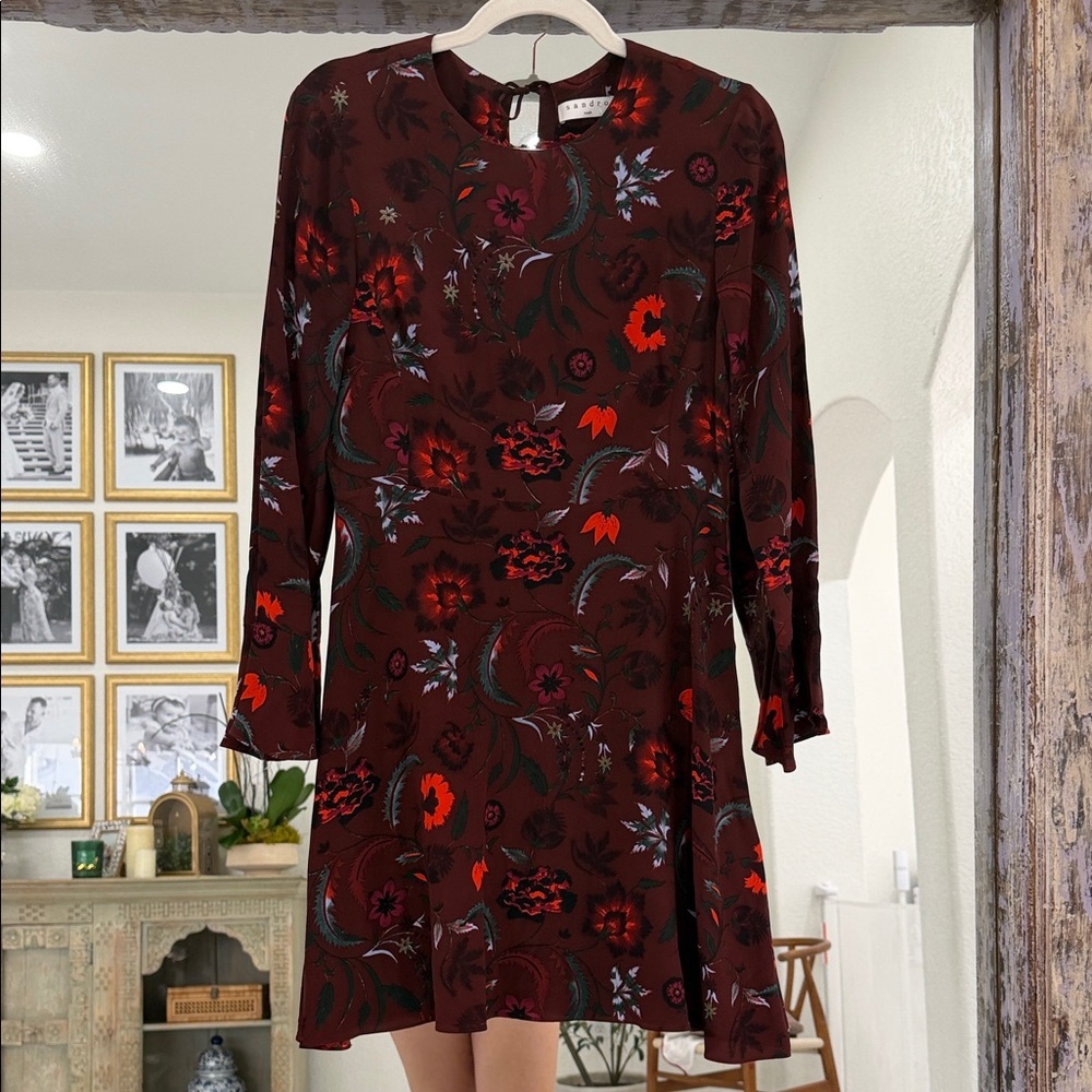 Sandro 100% Silk Long Sleeve Mini Floral Dress
